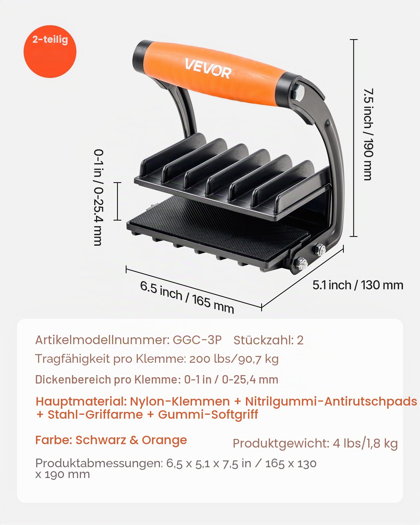 VEVOR Sperrholzträger, 90,7 kg Einzelklemmenkapazität, 2er-Pack Trockenbau-Tragewerkzeug für 0-25,4 mm dicke Platten, Plattenträger mit Griffen für Kunststoffplatten, Sperrholz, Trockenbau