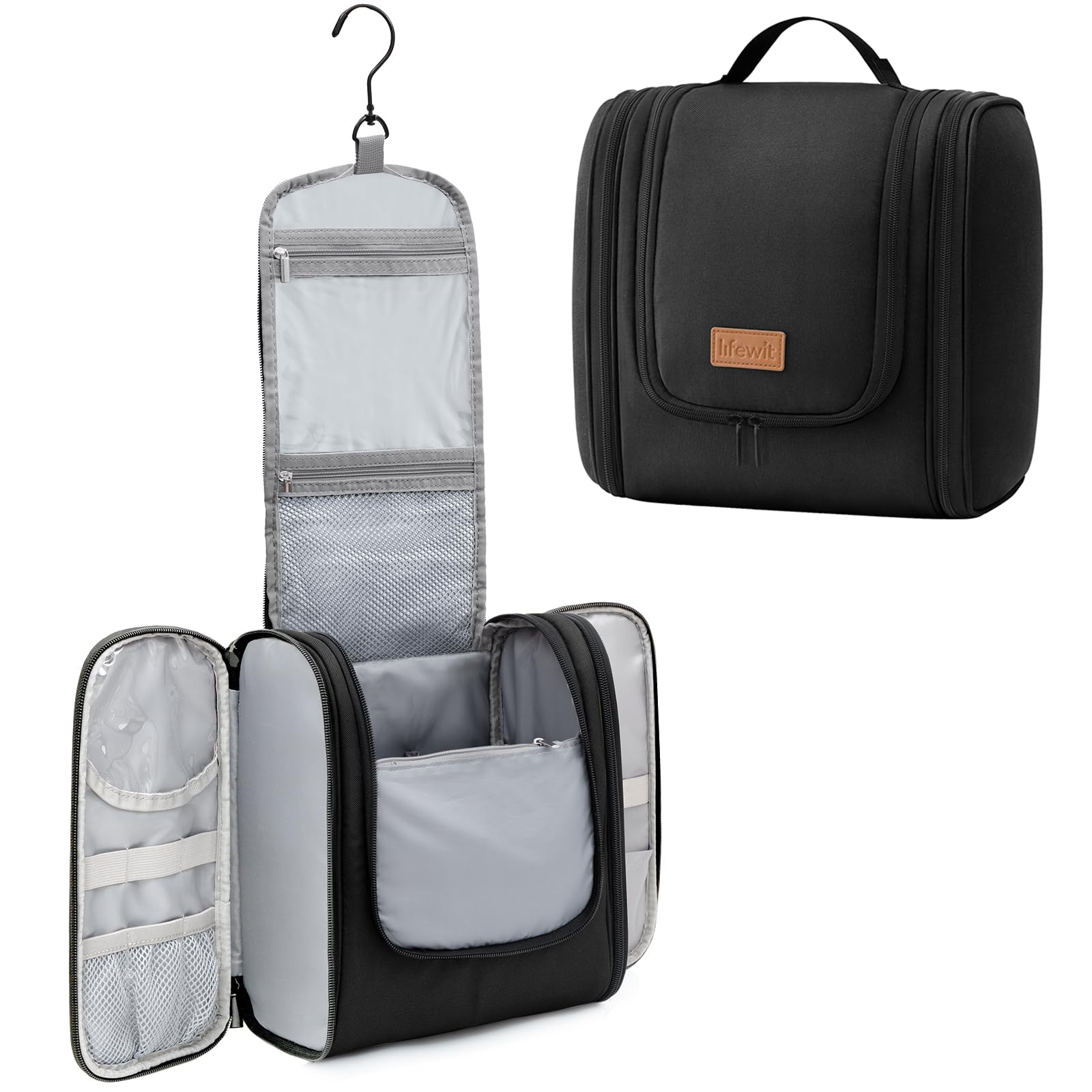 Lifewit Große Kulturbeutel Herren, Tragbare Kulturtasche zum Aufhängen, Reise Kulturbeutel Kosmetiktasche mit Fächer, Waschtasche für Männer und Frauen, Wasserdichter Geeignet für Kosmetik, Schwarz