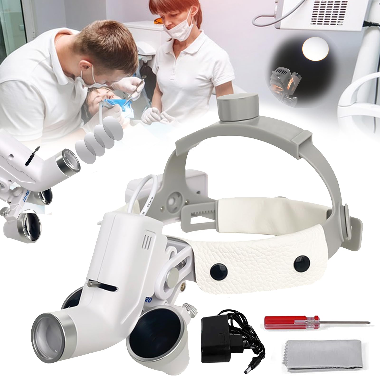 Lupas Quirúrgicas Dentales Médicas 3.5X 420mm con Lámpara LED 5W Ajustable
