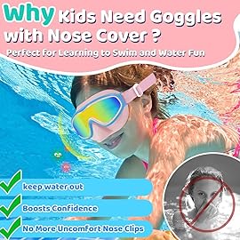 Vvinca Swim Goggles with Nose Cover, Fabric Strap Toddler Kids Swimming Goggles Diving Mask Anti-Fog/UV No Leak for Age 3-15