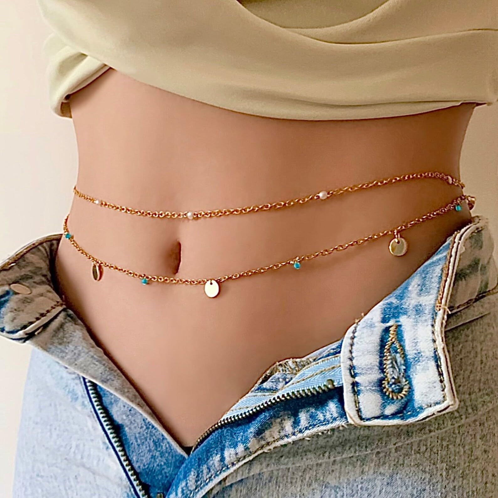 Cadena de cintura bohemia con cuentas para el vientre, cadena de lentejuelas en capas, accesorios de verano para mujeres y niñas (dorado)
