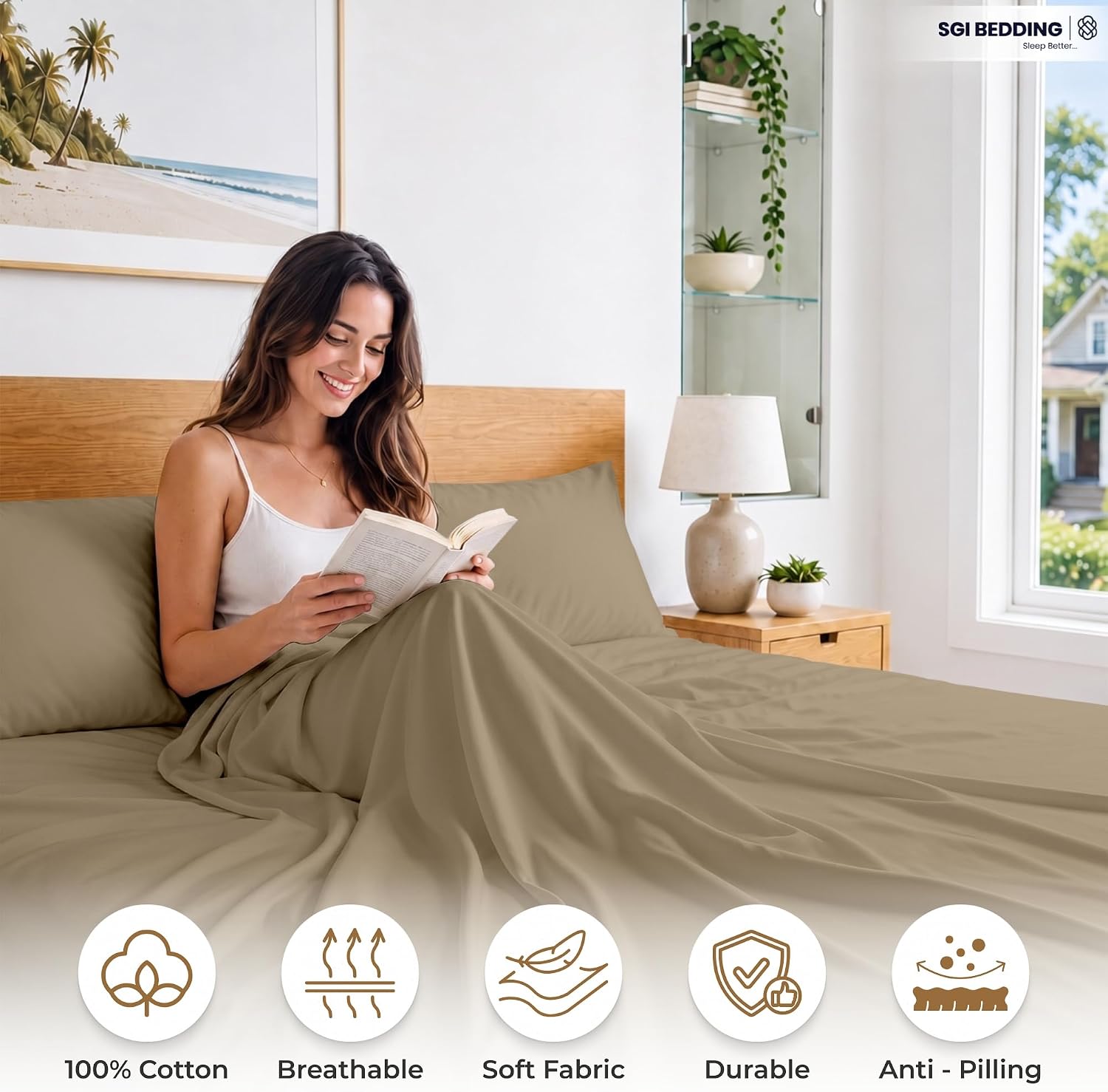SGI bedding 100% Egyptian Cotton Sheets Queen Size – 600 Thread Count Sheets Set, Soft, Cooling, 15" Deep Pocket, Luxury Hotel Bedding, Breathable, Durable - Taupe
