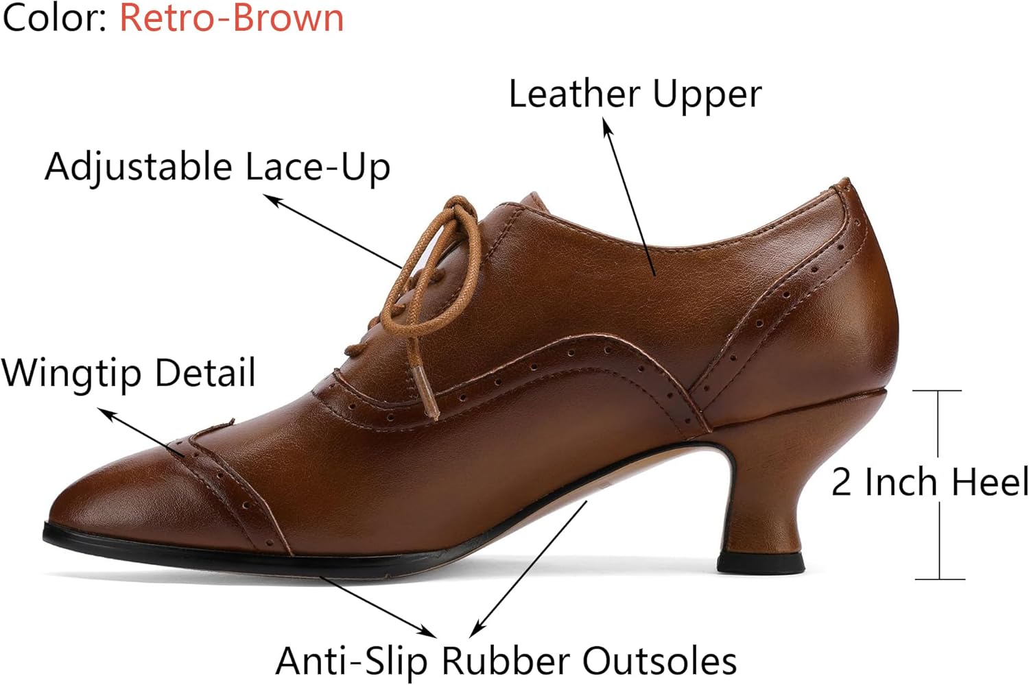 Women's Real Leather Wingtip Oxfords with 2-Inch Low Heel, Adjustable Lace-Up, Pointed Toe Shoes for Work and Walking - Image 3