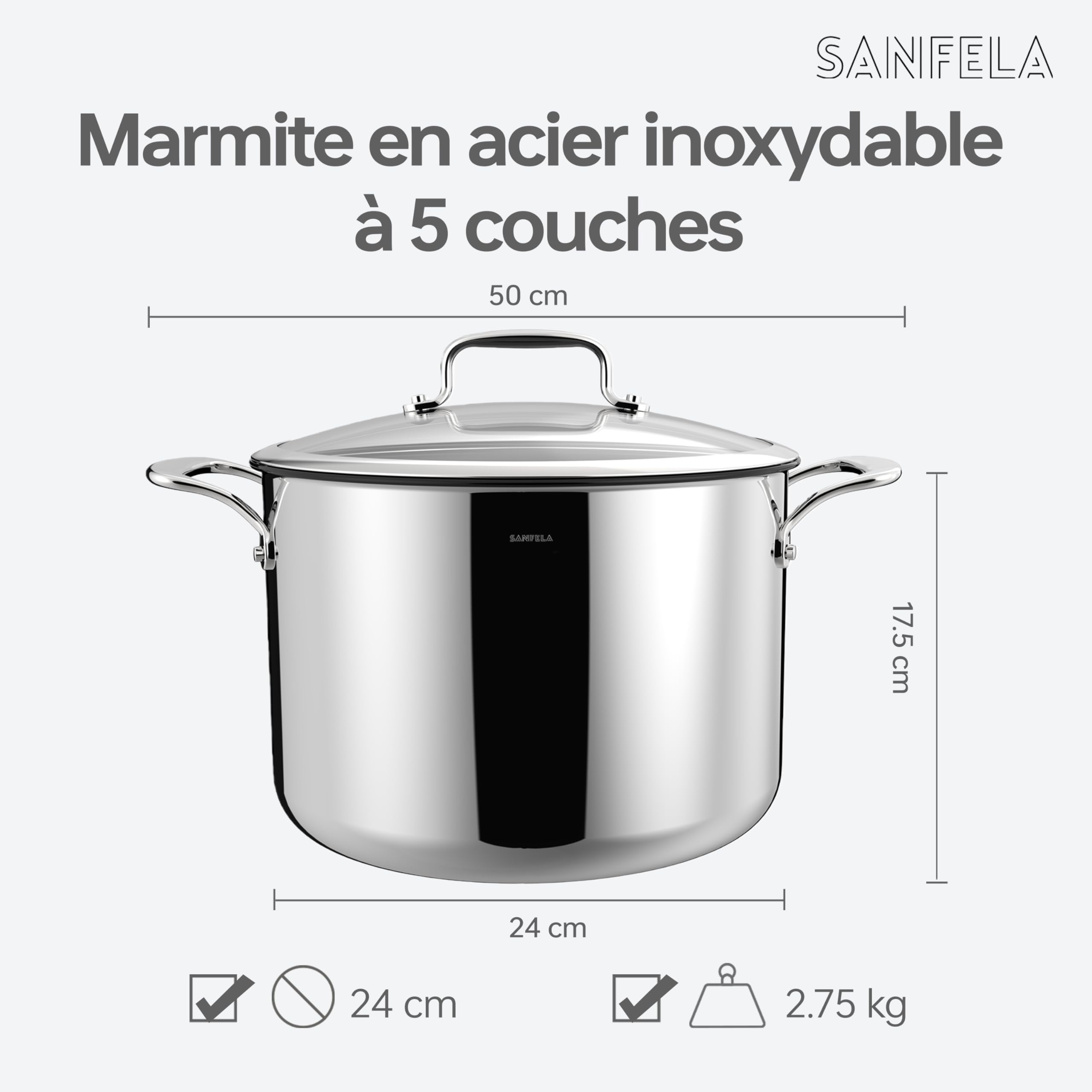 24 cm/8 l Marmite en acier inoxydable avec verre couvercle | batterie de cuisine en acier inoxydable à 5 couches, compatible avec l'induction, Sans PTFE, PFAS ni PFOA