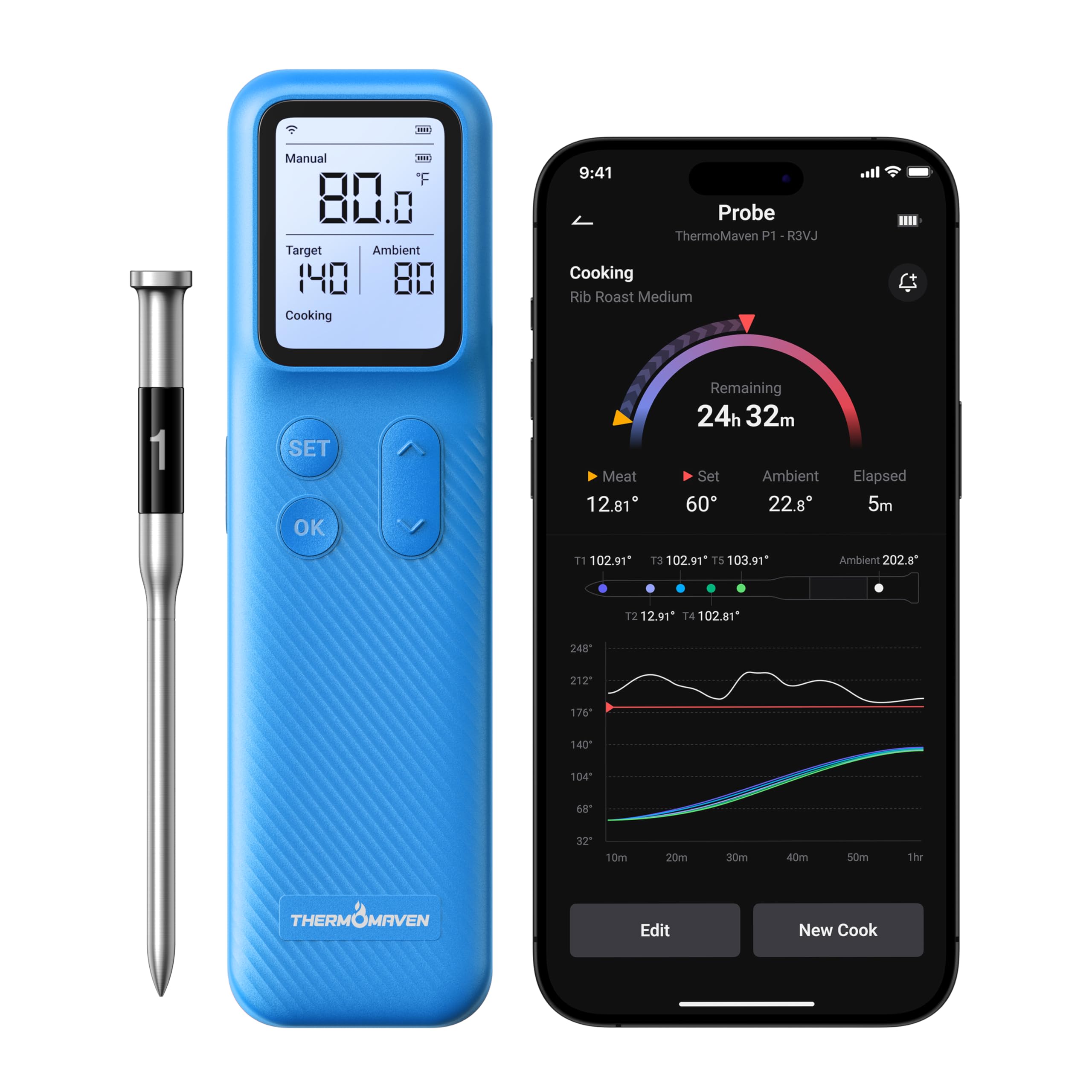ThermoMaven Smartes Bluetooth Fleischthermometer Kabellos, Basisstation, WLAN Unbegrenzte Reichweite, NIST-zertifizierte Genauigkeit, App Warnungen, Für Grill, Ofen, Smoker, BBQ (Ozeanblau)