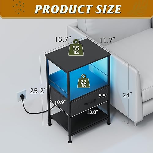 Miniatura 3 de WLIVE Mesita de noche con estación de carga, mesita de noche LED con cajón de tela ajustable, mesa de noche de almacenamiento de 3 niveles, mesas