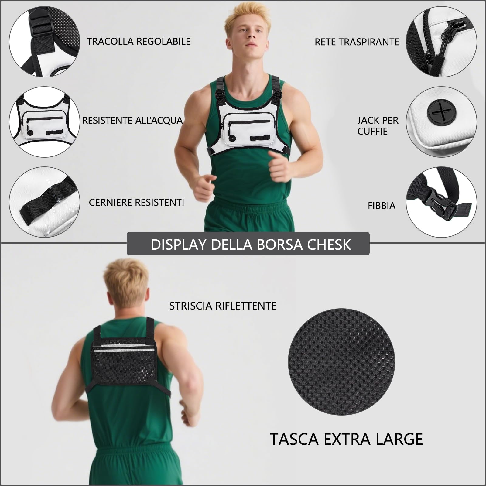 KINGSLONG Tasca sul petto da uomo, leggera, tattica, borsa sportiva, borsa a tracolla, impermeabile, con tasca e spazio aggiuntivo per traning, corsa, ciclismo, escursioni, viaggi, campeggio, bianco