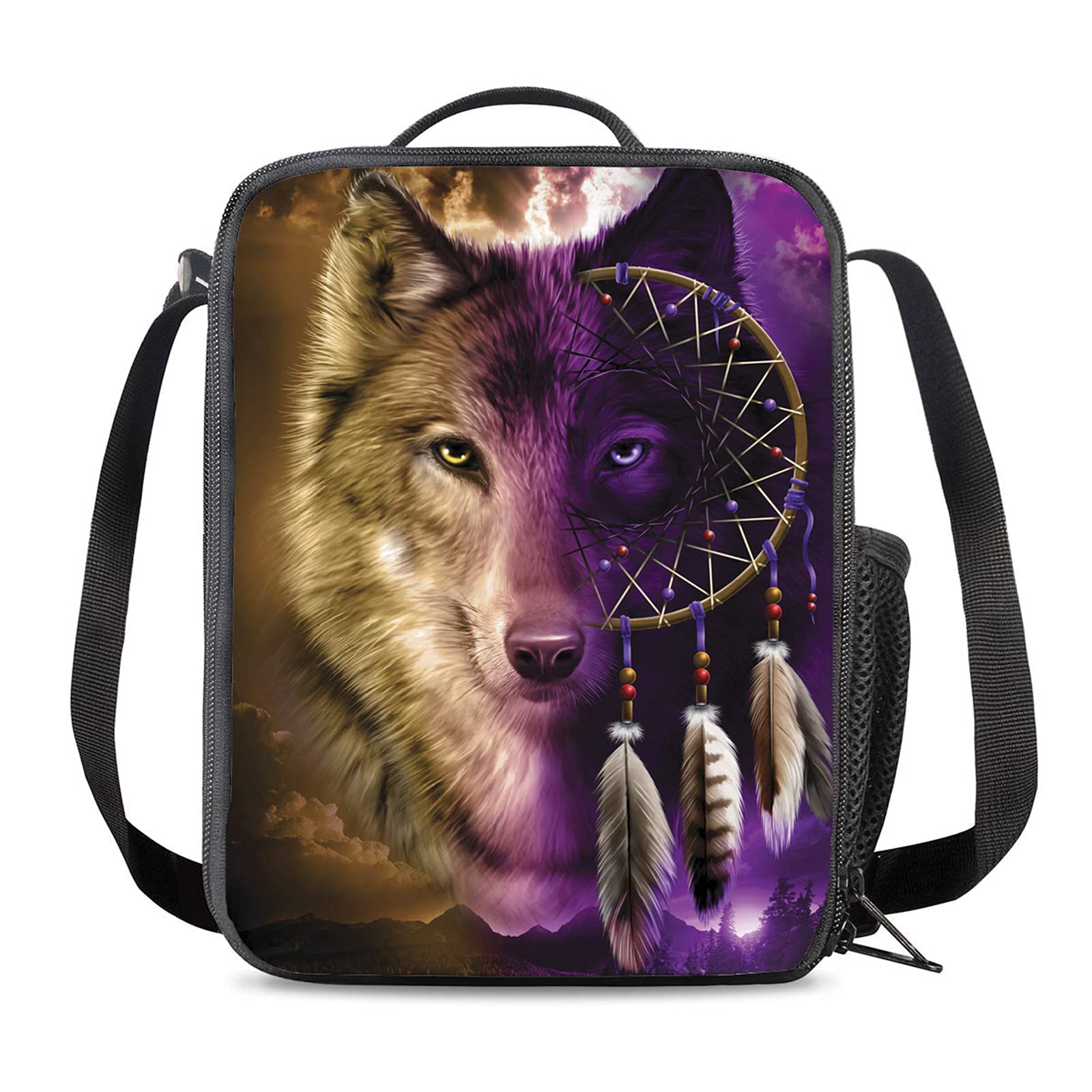NETILGEN Dream Catcher Messenger Bags Sling Shoulder Totebags GIirls Lunchbox Trendy Wolf Animal Cool Lunch Boxes for Boys Kids Childrens Lunch Bags with Adjustable Shoulder Strap