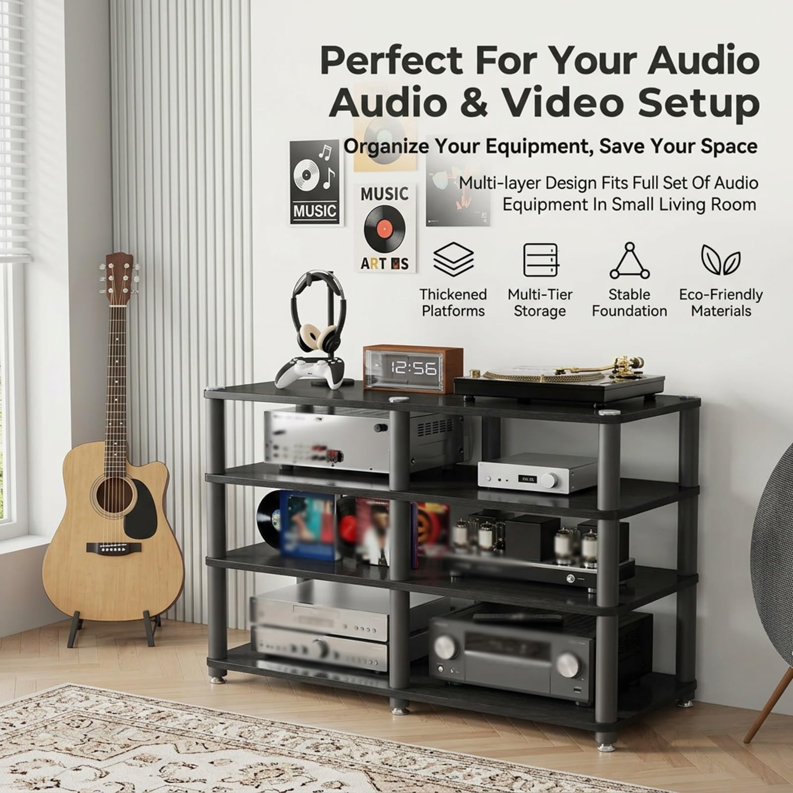 Mobile Hifi multistrato in legno massello con telaio metallico, doppia postazione Giradischi e per, funzionale Vinili per apparecchi audio domestici home theater