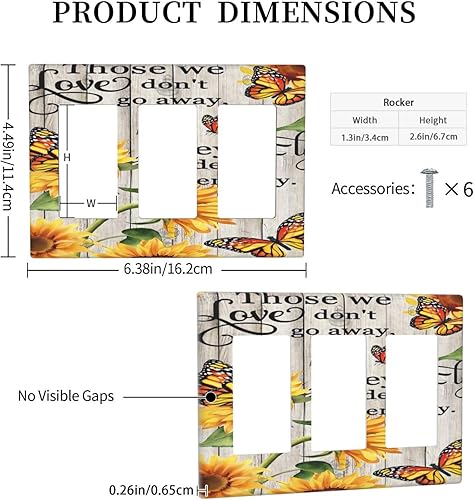 Miniatura 5 de LWDZLHD Cubierta rústica para interruptor de luz de girasol, mariposa, 3 cuadrillas, triple balancín, placa de pared de madera, placa frontal