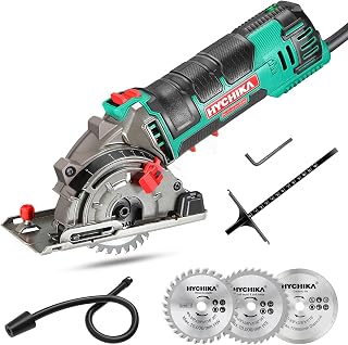 HYCHIKA Mini Kreissäge, Handkreissäge mit 3 Sägeblättern, Skalenlineal, 500W Motor aus reinem Kupfer, 4500RPM, Ideal für Holz-, Weichmetall-, Fliesen- und Kunststoffschnitte