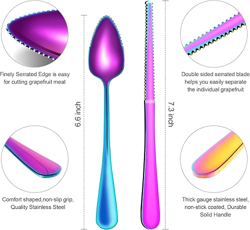 Miniatura 21 de Juego de 5 cucharas de pomelo, juego de utensilios de cuchara de pomelo de acero inoxidable, borde dentado y mango de calibre grueso, herramienta