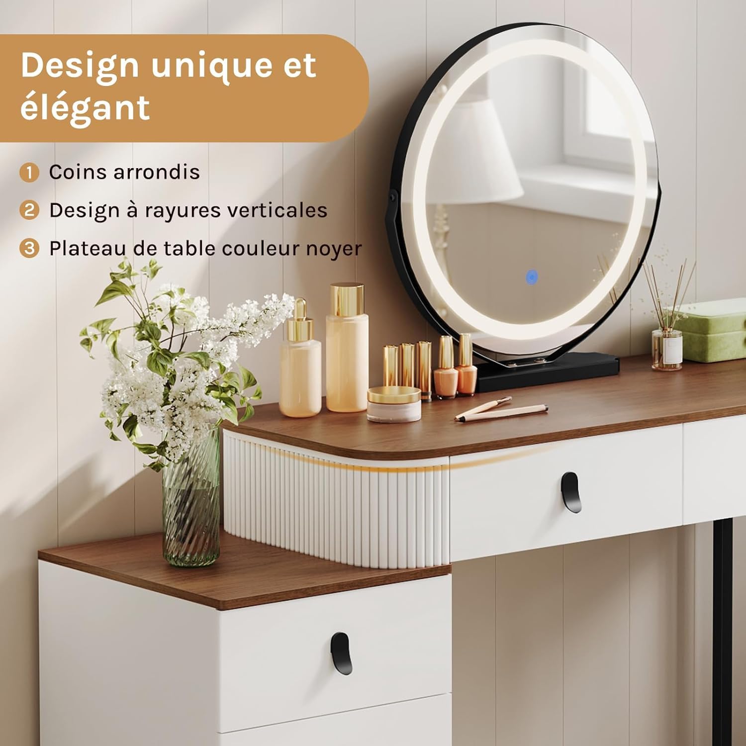 WOLTU Coiffeuse avec Miroir LED Réglable, 3 Couleurs, Table de Maquillage avec 5 Tiroirs de Rangement, Coiffeuse Moderne, 2-en-1 Bureau pour Chambre, 100x40 cm, en Bois et Métal, Marron + Blanc + Noir