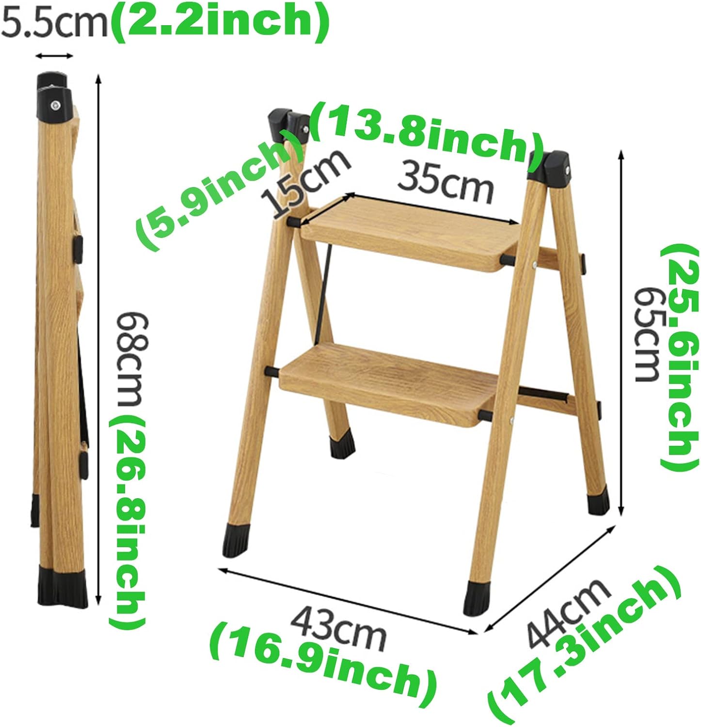 Wood Grain Color Folding Step Ladder Craft Lacquer Wide Bandwidth Non-Slip Tread Good Hardware Step Stool Horseshoe-Shaped Non-Slip Ladder Feet Portable Step Stool Shelf