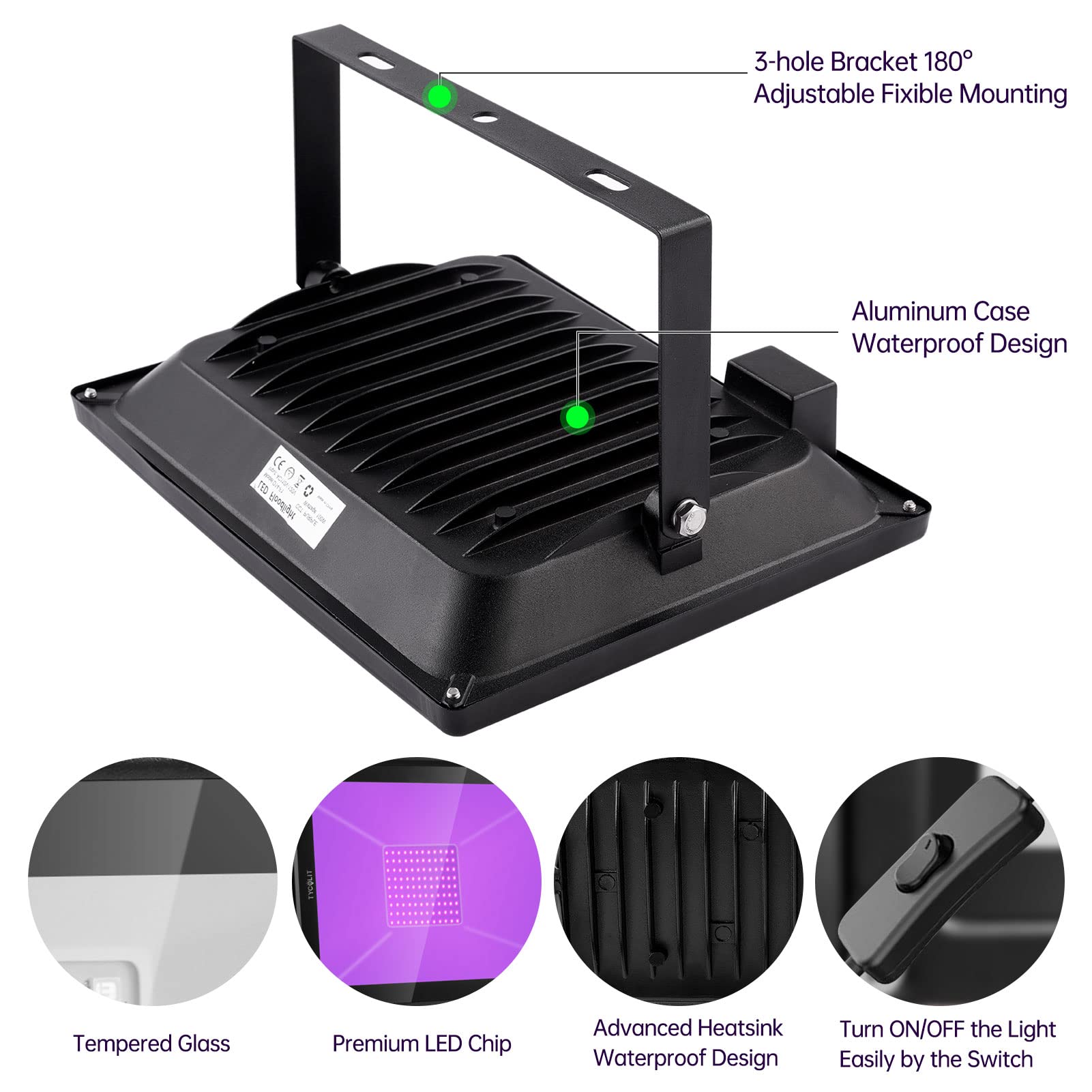 LED Black Lights for Glow Party, 2 Pack 100W Blacklight Flood Light with Plug & Switch, IP66 Waterproof Purple Lights, Glow in The Dark, Stage Lighting, Body Paint, Fluorescent Poster