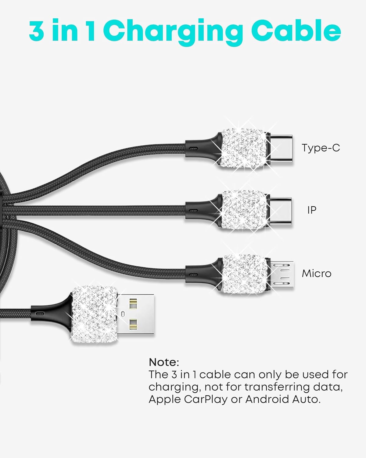 Bling USB Car Charger 5V 2.4A White Crystal Decor Dual Port Fast Adapter with 4ft Nylon Type C Micro USB 3 in 1 Multi Charging Cable for iPhone iPad Android, Auto Interior Accessories for Women - Image 4