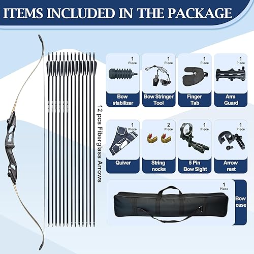 Miniatura 8 de D&Q Juego de arco y flecha recurvo de caza para adultos, kit de cazador negro, arco largo, tiro con arco, caza, práctica de desmontaje, arco largo