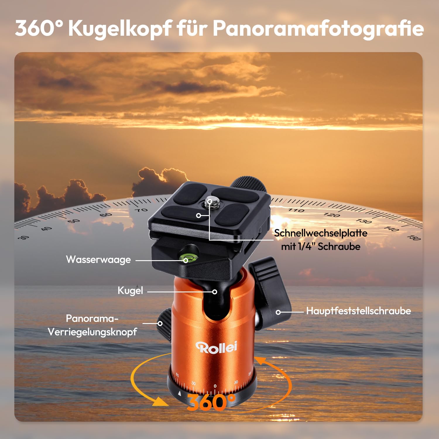 Rollei Compact Traveler No.1 Orange, 145cm Stativ Kamera mit Kugelkopf Leichtes Reisestativ aus Aluminium Fotostativ Kompakt Arca Swiss Kompatibel Kamerastativ & Einbeinstativ für DSLR und Smartphone