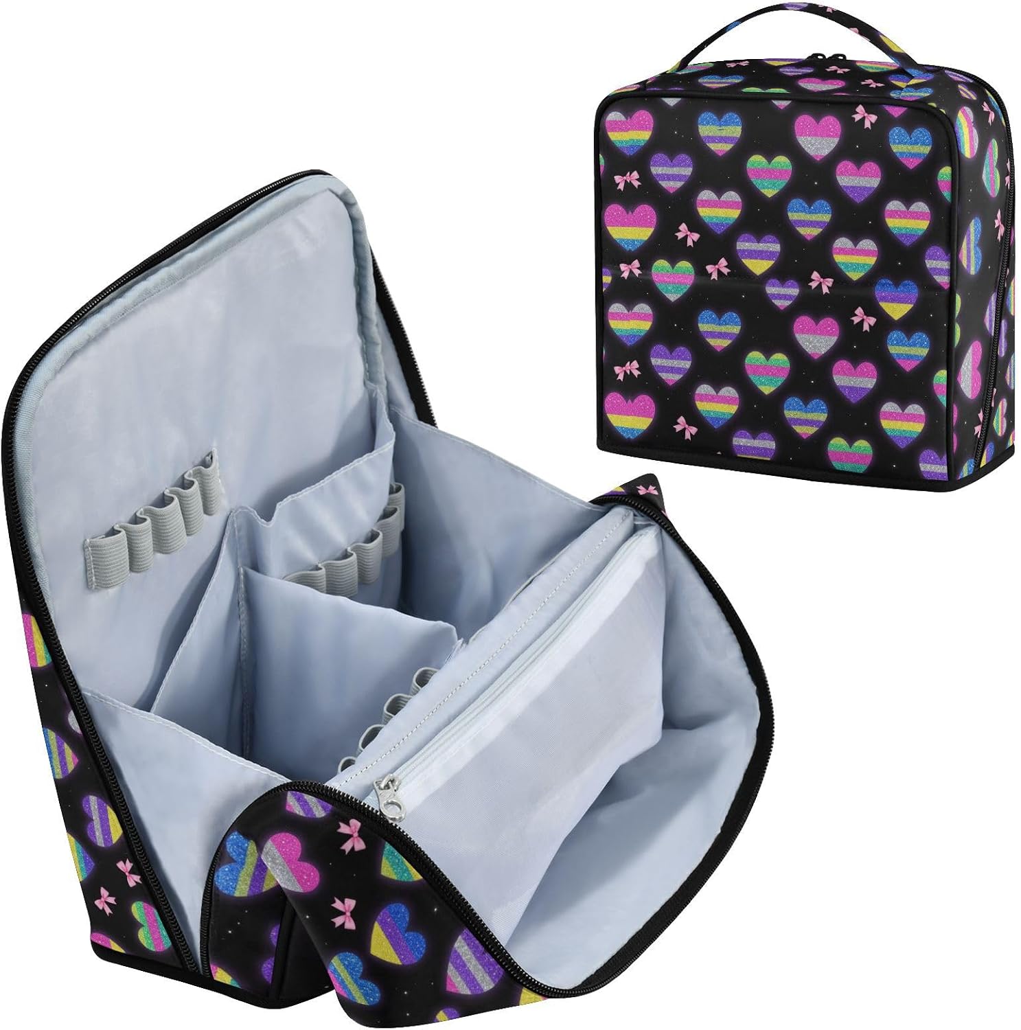 Cosmetic Bags with dividers Fake Glitter Striped Heart Bow Black