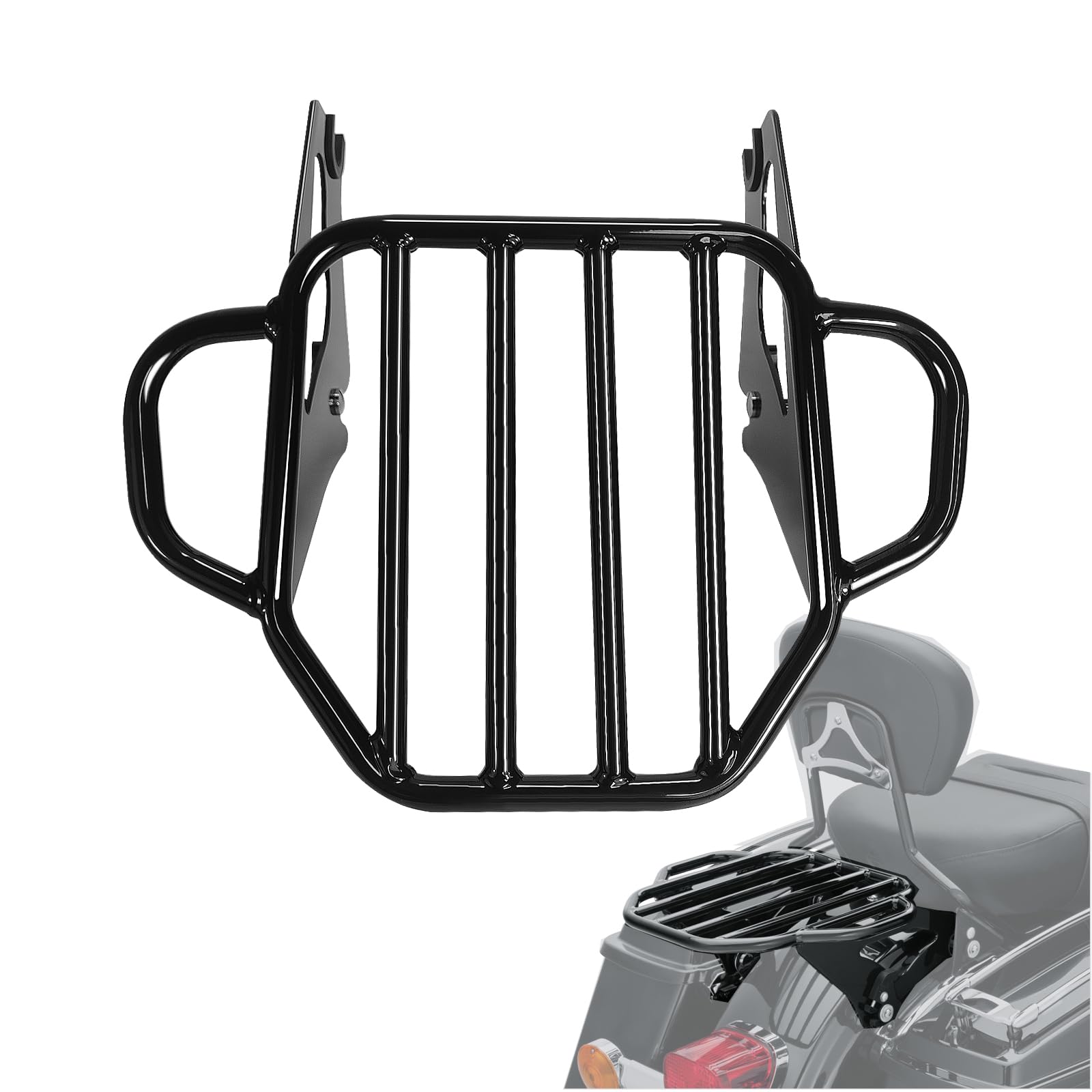 Photo 1 of Gloss Black Detachable Two-Up Luggage Rack 2-Up Motorcycle Rear Mounting Rack Fit for Harley Davidson Touring Models 2009-2024 Street Glide Road Glide Electra Glide Road King
