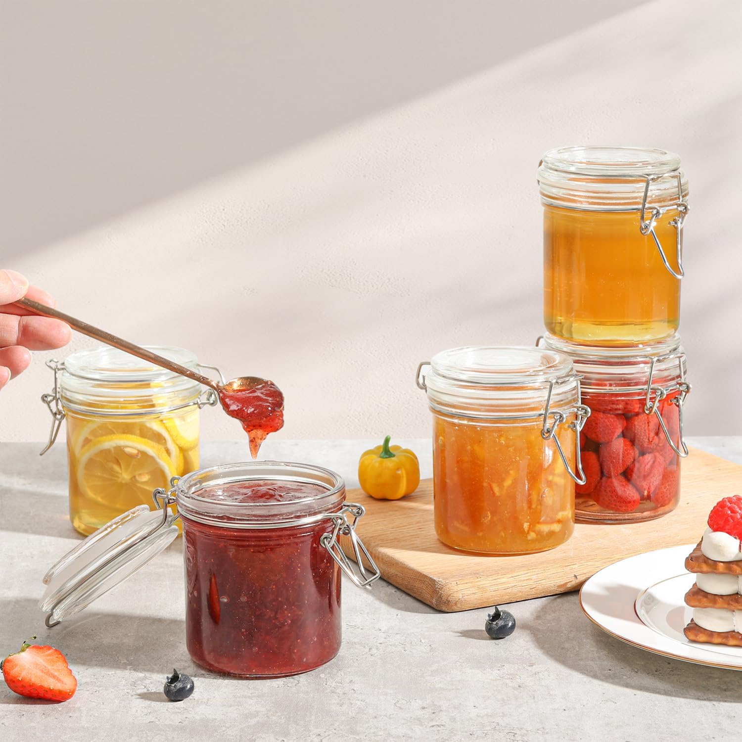 ComSaf 8oz Small Airtight Glass Jars Set of 12 with Lid Food Storage Jar Round, Mini Storage Container with Clear Preserving Seal Wire Clip Fastening for Kitchen Canning, Jam, Spice, Honey, Mason Jars - Image 6