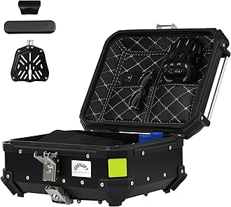 Gurblofy Motorcycle Top Case, 25L Aluminum Compact Motorcycle Top Box with Anti-Theft Lock System, Waterproof, Easy Installation with Universal Bracket, Back Cushion Included, Black, GBTC-25BL