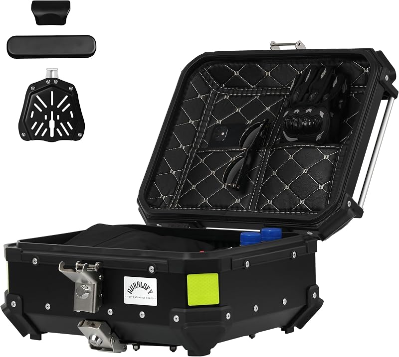 Baúl para motocicleta, Baúl compacto para motocicleta de aluminio de 25 L, color negro | Con Sistema de Bloqueo Antirrobo, Resistente al Agua, Fácil Instalación con Soporte Universal, Cojín de Respaldo Incluido, GBTC-25BL