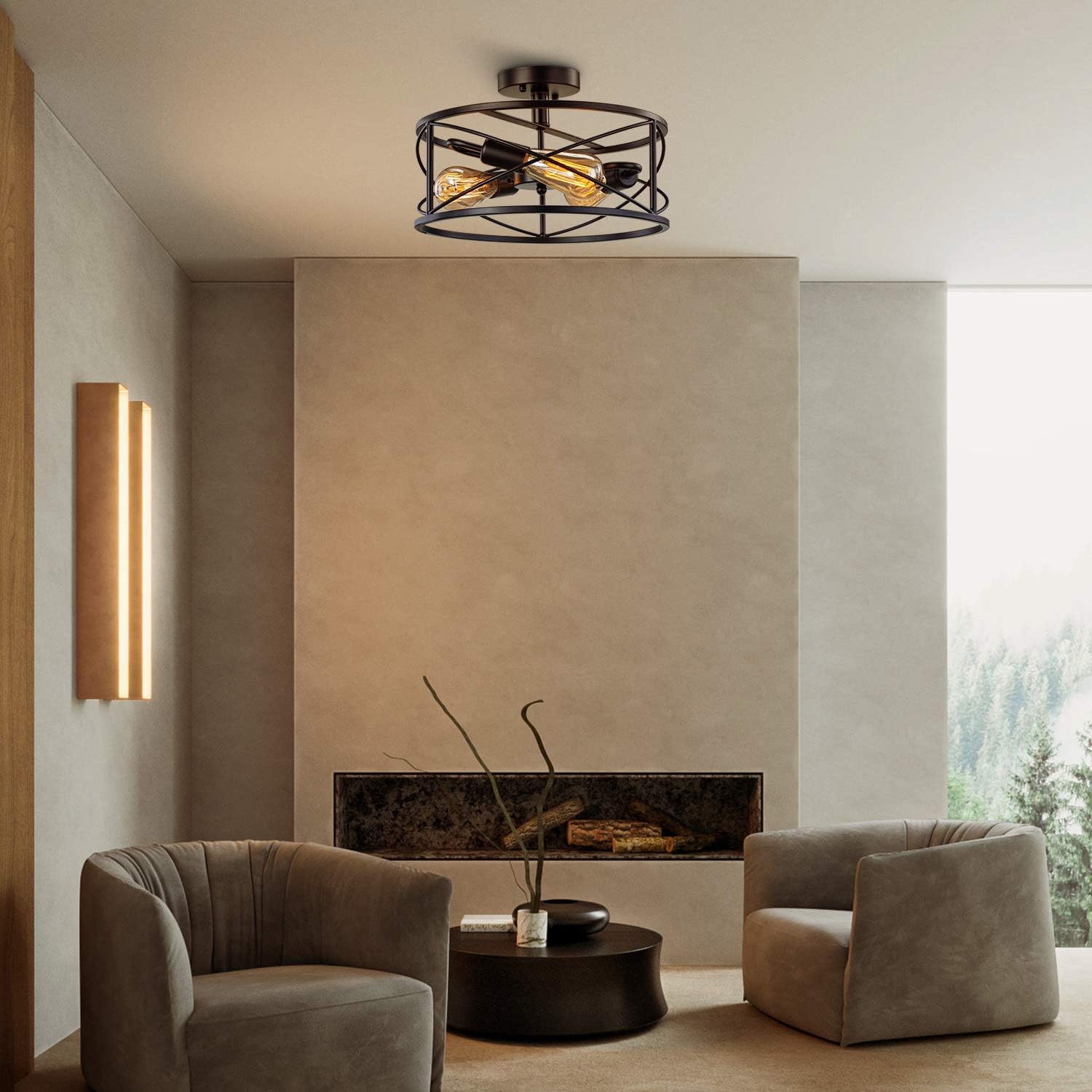 Flаѕh Sаlе Vintage Semi Flush Mount Ceiling Light, Industrial Ceiling Fixture Black Ceiling Metal Light Cage Ceiling Light Fixture 3 Lights for Bedroom Kitchen Dining Room Living Room
