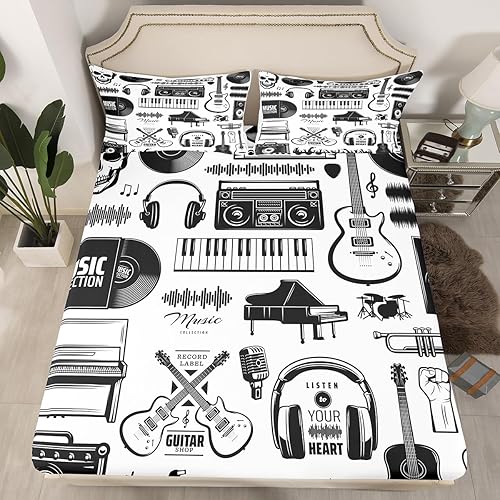 Miniatura 2 de Erosebridal Juego de sábanas tamaño matrimonial de instrumentos musicales, sábanas de piano clásico, juego de cama blanco y negro, juego de sábanas