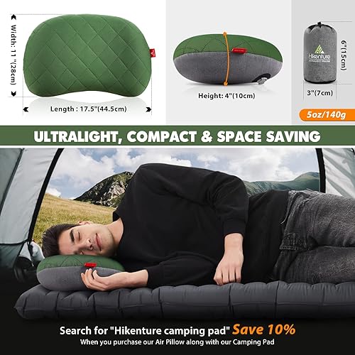 Miniatura 9 de Hikenture Bomba de pie doble para dormir con 2 almohadas de camping, color verde