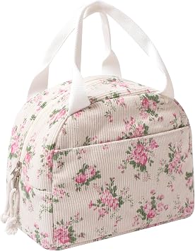 Lunch Box for Wome Men Large Capacity Insulated Lunch Tote Bag for Kids Cute Corduroy Lunch Bags For Work Travel School Or Picnic Flowers Pink