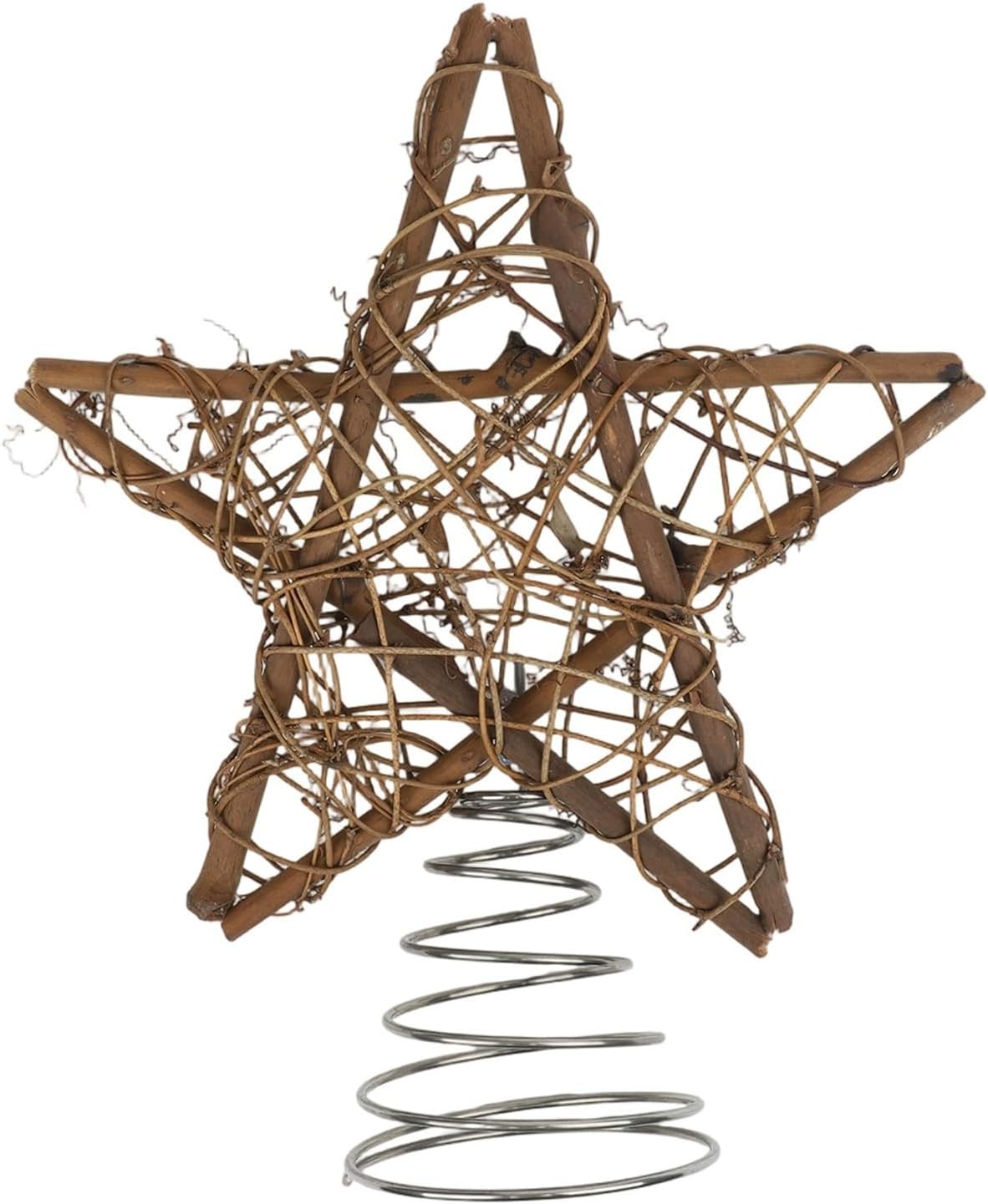 Christmas tree star decoration featuring wood and wire materials, designed with a spiral pentagram shape to add charm and style to seasonal home decor (not glowing)