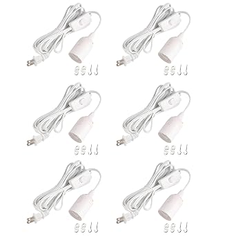Simple Deluxe 360W 15ft Extension Hanging Lantern Pendant Light Lamp Cord Cable E26 Socket No Bulb Included On/Off Switch, 6 Pack, White