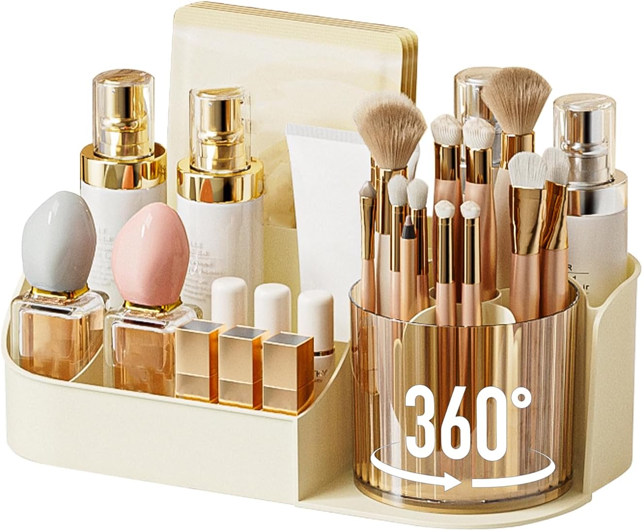 DASITON Large Capacity Makeup Organizer with 360° Rotating Makeup Brush Holder, Perfume and Skincare Storage Organizers for Vanity Bathroom Countertop, Cosmetic Display Case (White, 1 Tier)