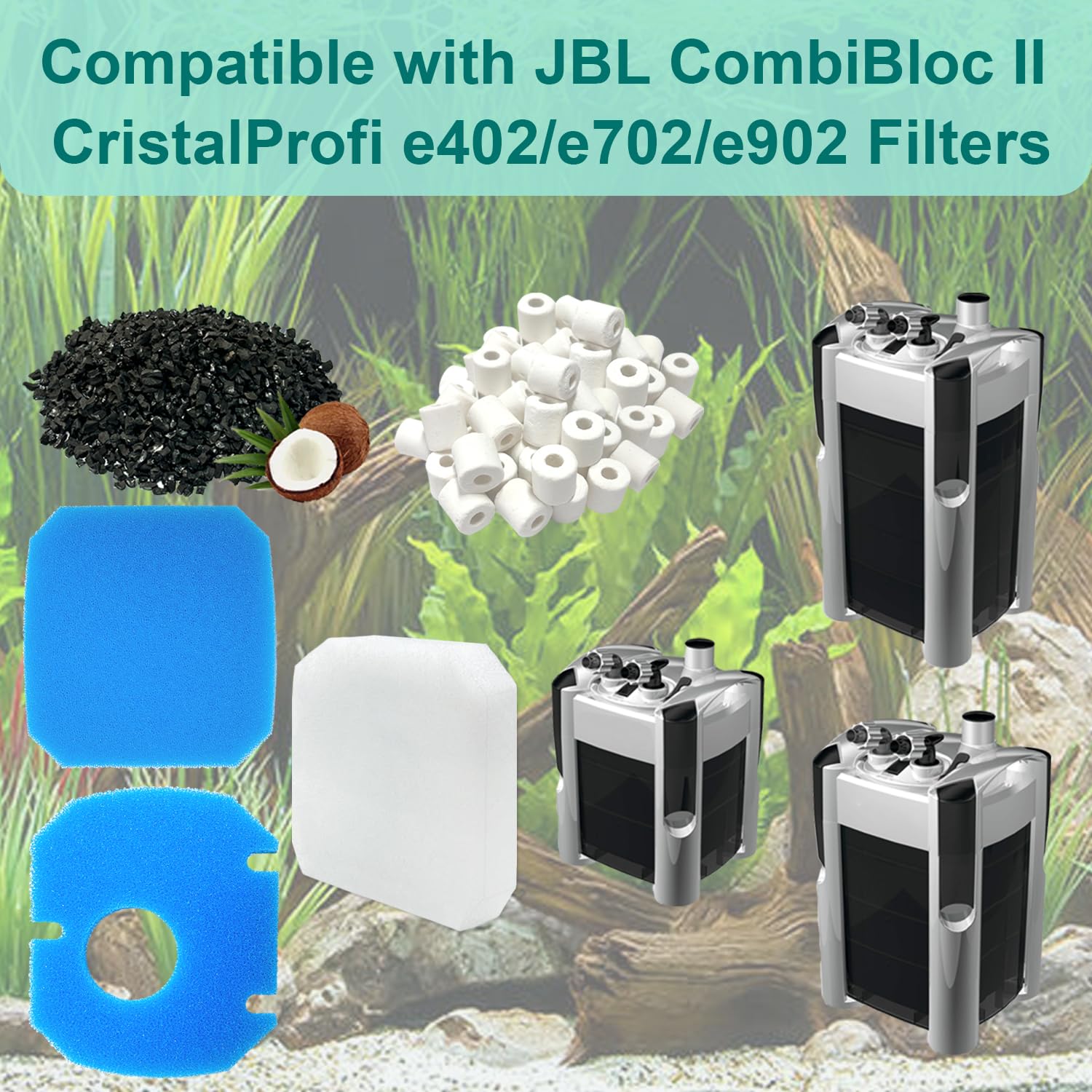 Lot de 14 filtres de rechange pour aquarium compatibles avec les filtres JBL CombiBloc II CristalProfi e402/e702/e902, avec insert de pré-filtre, mousse à filtre fin 6028800, charbon actif et anneaux