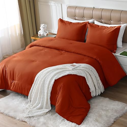 Miniatura 4 de Juego de edredón de tamaño matrimonial, juego de edredón naranja quemado para cama de tamaño matrimonial, ropa de cama suave y cálida de 3 piezas