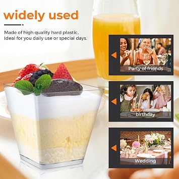 Oomcu 50 Pack 7oz Square Clear Plastic Dessert Cups & Spoons Disposable Parfait Cups for Yogurt, Ice Cream, Jello, Candy, Salad, Appetizers, Mousse,Snack, Pudding, Party Serving