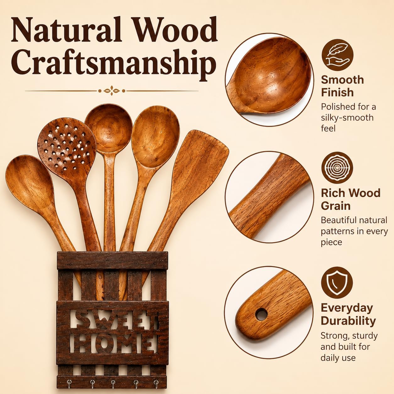 15 Piece Neem Wood Kitchen Utensils Set with Holder, Wooden Cooking Utensils for Nonstick Cookware, Handcrafted Spoons, Spatulas, Ladles, Turner & Serving Tools image 3