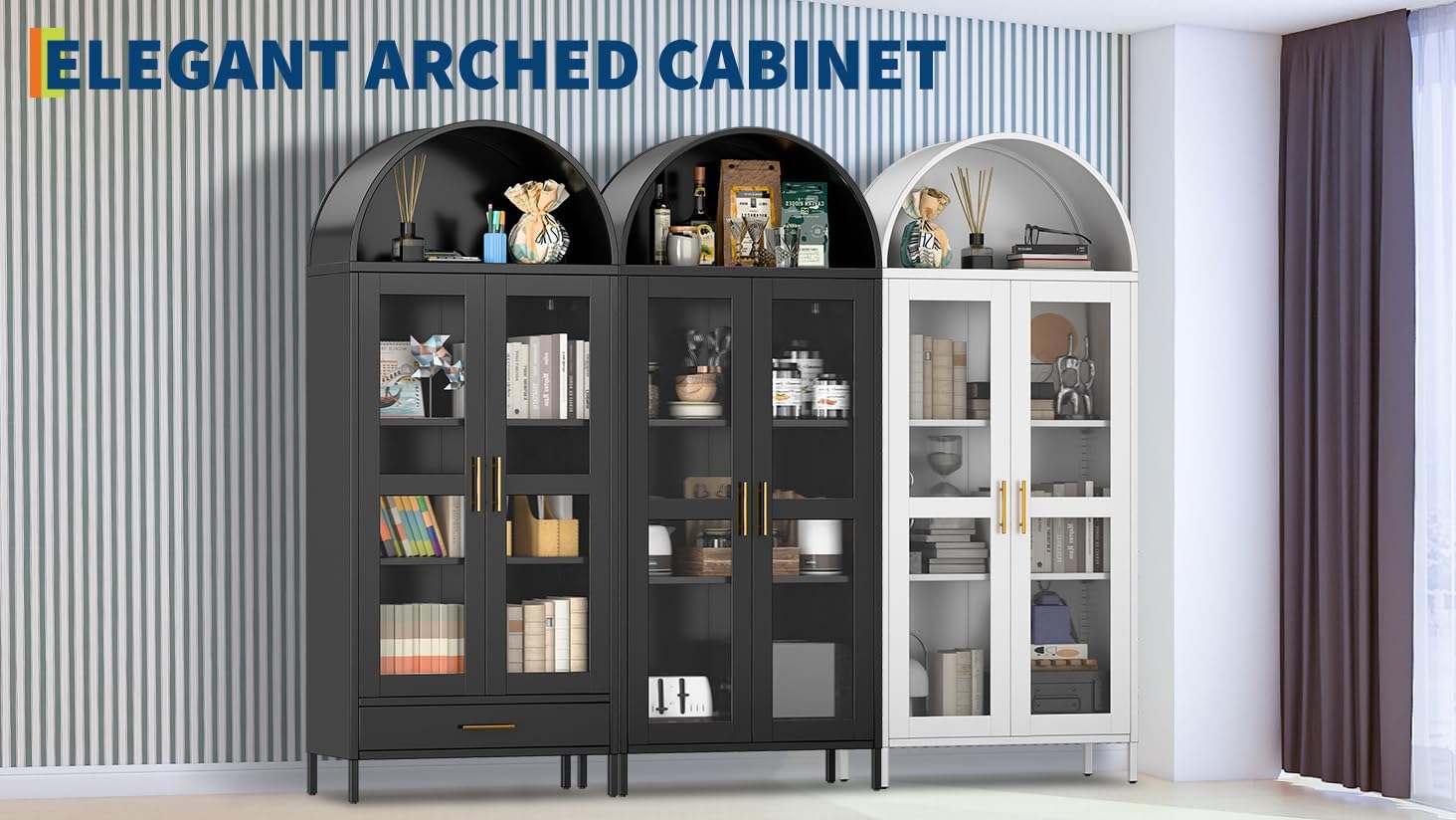 PioneerWorks 73" Arched Metal Storage Cabinet with Glass Door | 2 Adjustable Shelves | Arch-Top Storage Unit for Pantry, Living & Dining Rooms - Dark Black with Legs​​