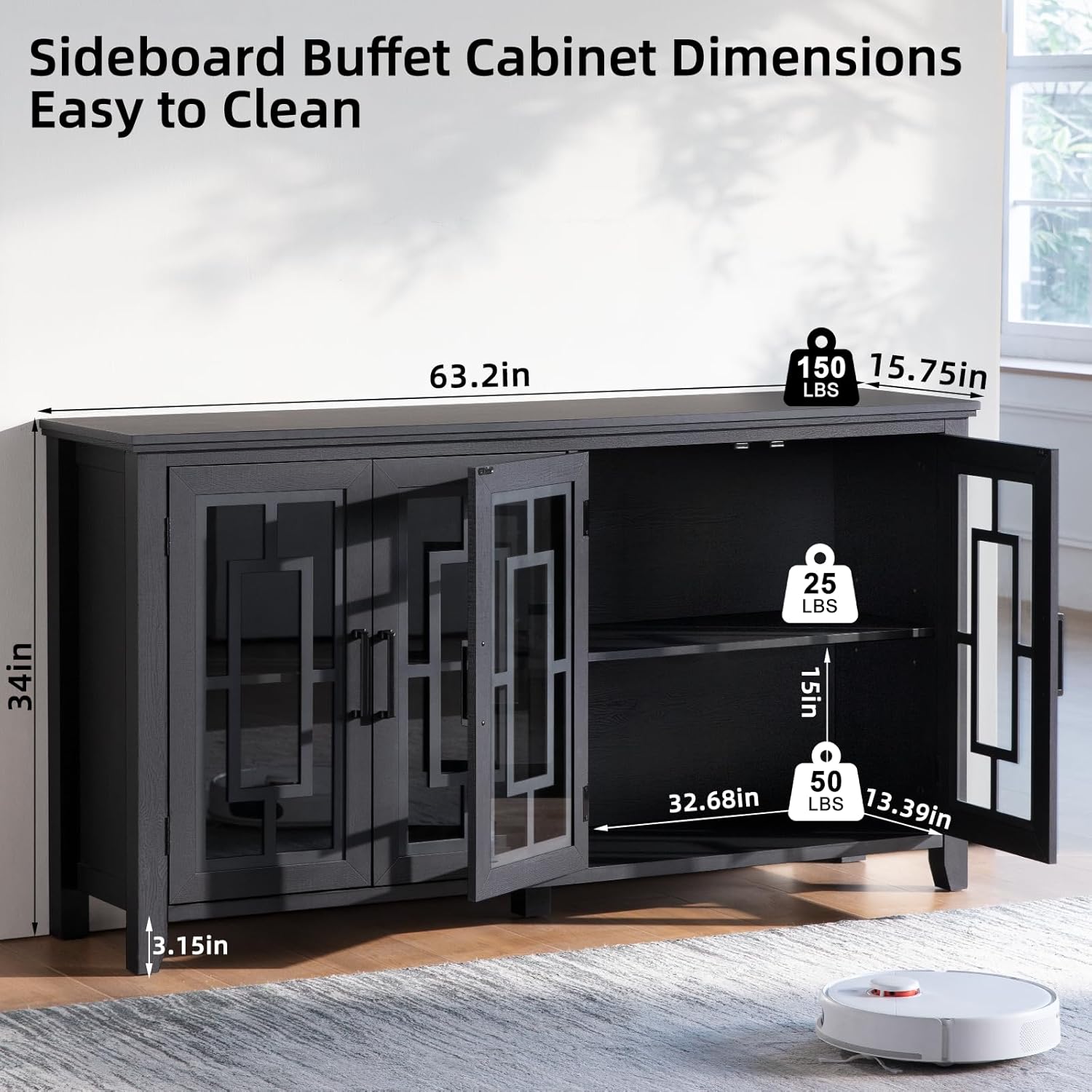 Large Sideboard Buffet Cabinet with Storage, 63" Black Farmhouse Kitchen Coffee Wine Bar Cabinet with 4 Glass Doors, Mid Century Modern Wooden Side Board Table for Dining Room, Living Room