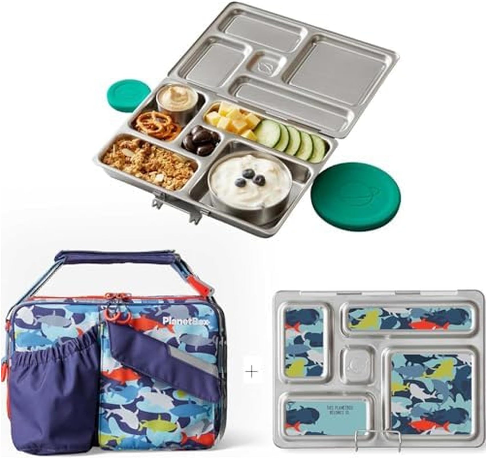Rover Stainless Steel Bento Box Style Lunch Box Kit for Kids with 5 Compartments, Camo Shark Edition includes Insulated Lunch Bag, Leakproof Food Containers and Matching Magnets