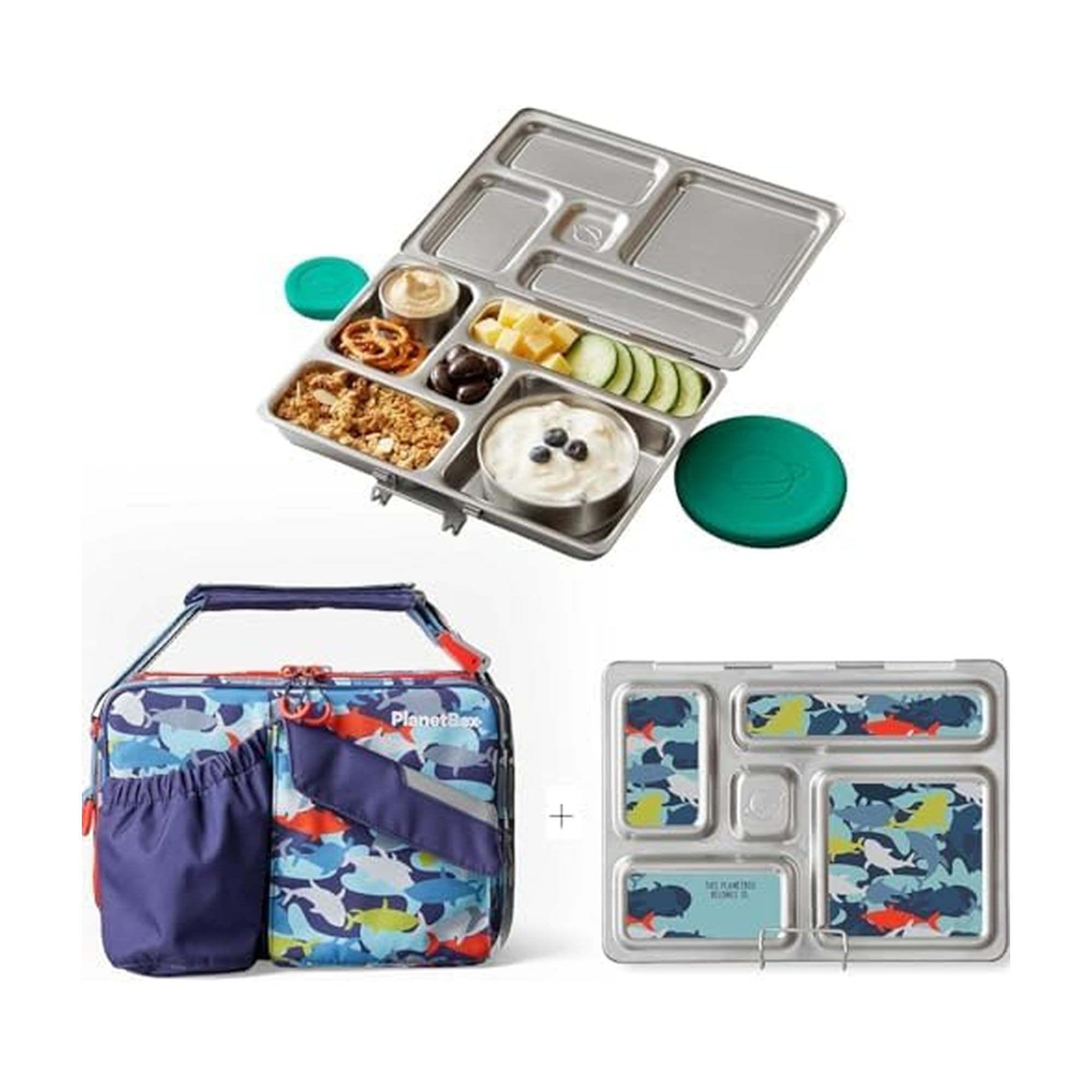 PlanetBox Rover Stainless Steel Bento Lunch Box with 5 Compartments, Shark Carry Bag with Magnet