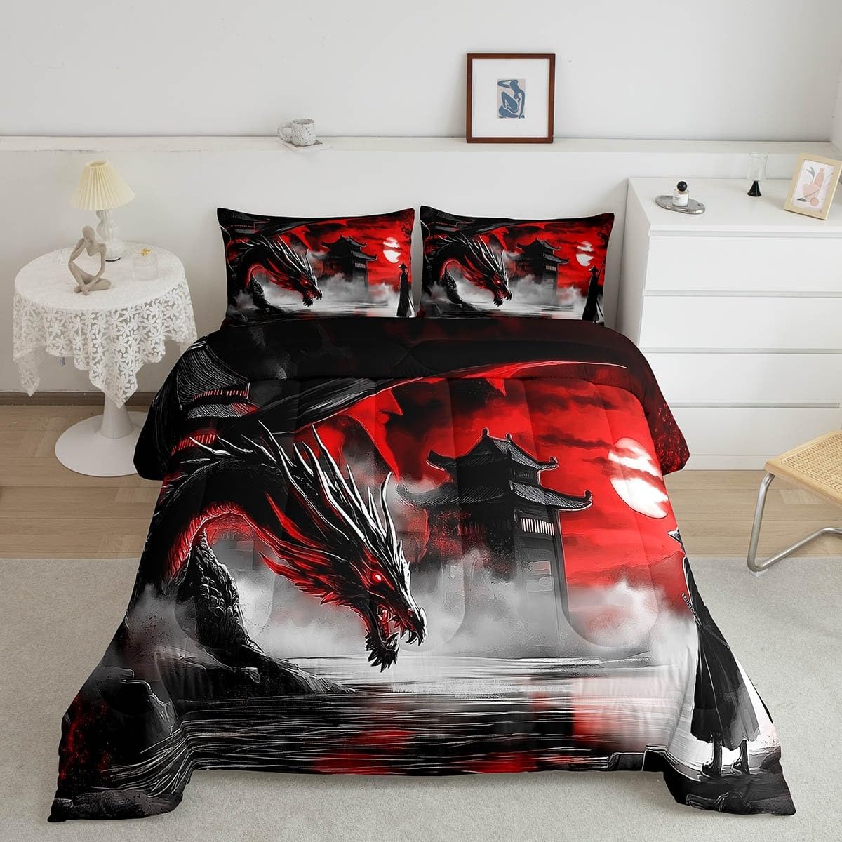 Erosebridal Japanese Samurai Bedding Set Queen,Red and Black Dragon Comforter Set for Kids Boys Men,Anime Style Quilt Bed Set Oriental Bedding Comforter Sets with 2 Pillowcases Bedroom Decor image 2