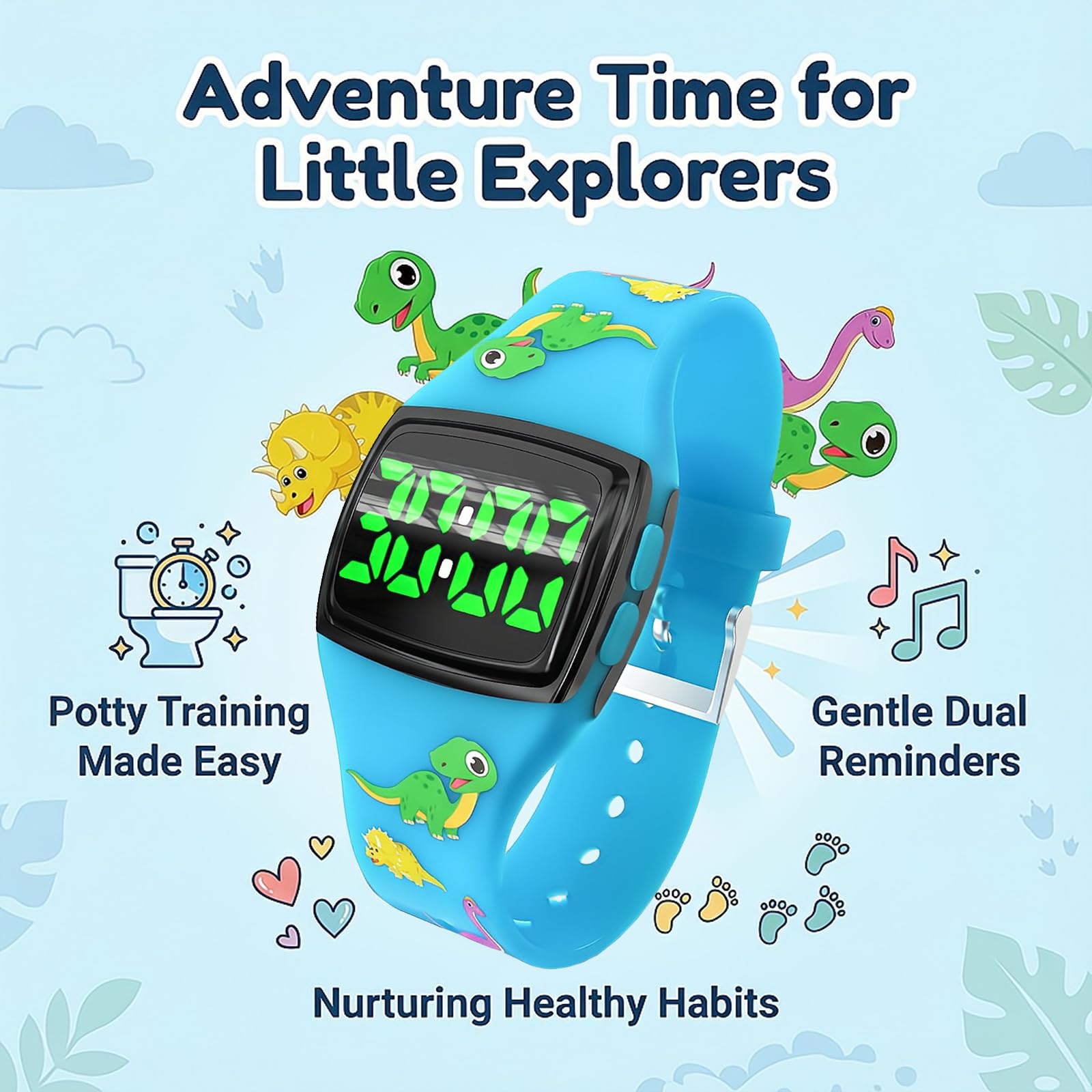SKYROKU Reloj de silicona para niños con temporizador de entrenamiento para ir al baño con luces intermitentes y tonos musicales, ayuda para entrenamiento de inodoro para niños pequeños, resistente al