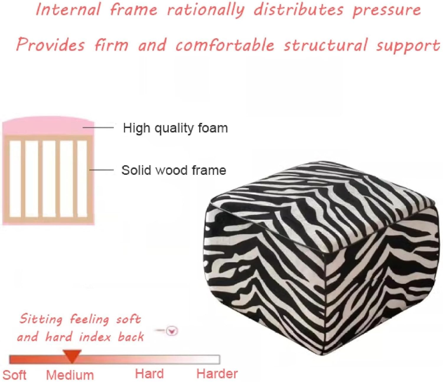 Square Wood Footstool Ottoman with Zebra Print, Chenille Upholstered Sofa Bench, Shoe Changing Stool, Extra Seating for Living Room, Bedroom, Office(17.7 * 17.7 * 13.8inch)
