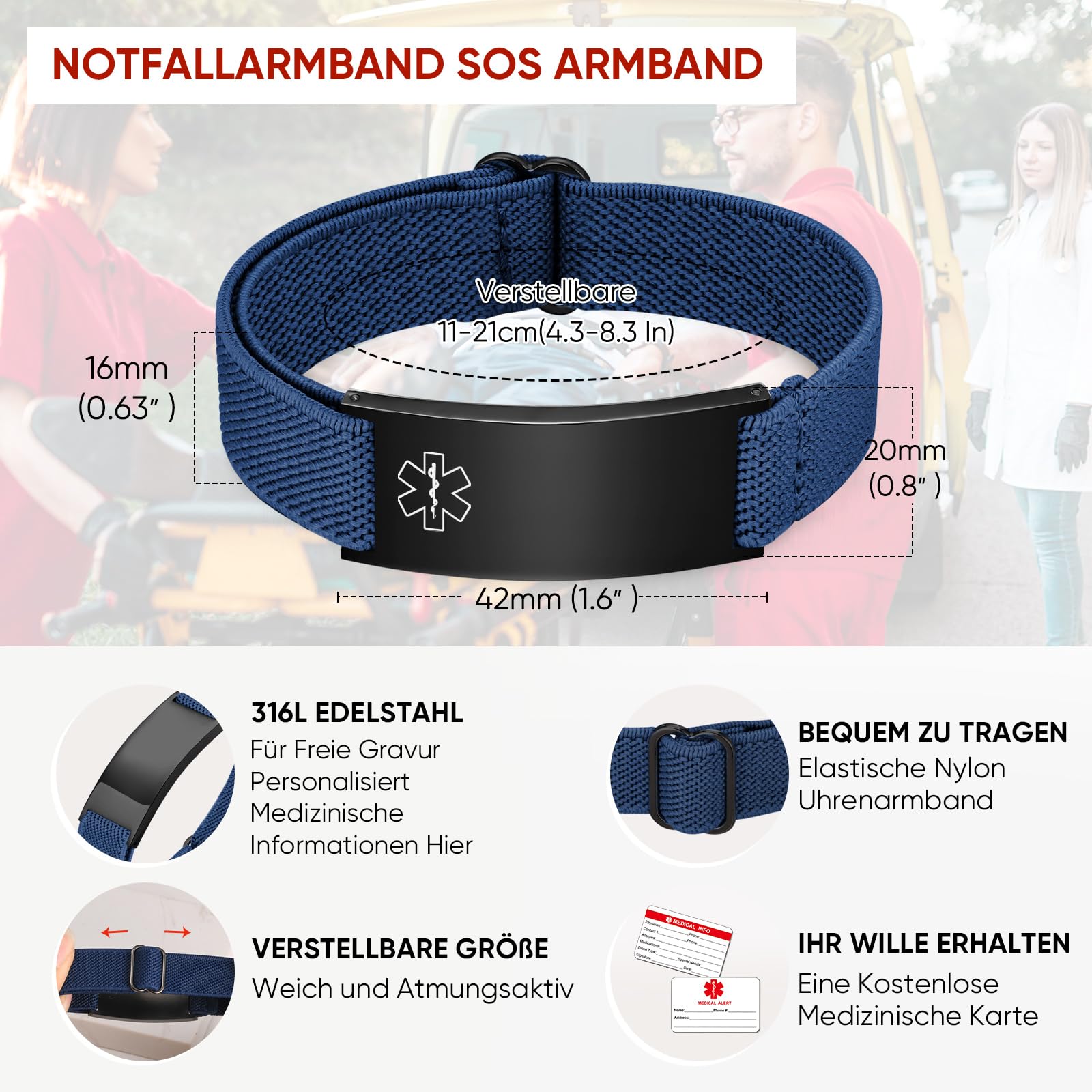FLHEART Bracelet d'alerte Médicale personnalisé - Bracelet SOS élastique réglable avec Gravure Diabète Epilepsie Allergie Numéro de Téléphone Bracelets d'urgence Enfants Hommes Femmes