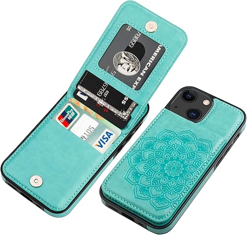 Vaburs Funda tipo cartera para iPhone 13 Mini, funda con función atril y soporte para tarjeta de crédito, diseño floral de mandala en relieve de
