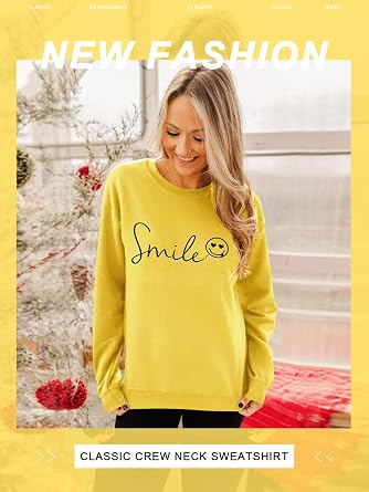 Dresswel Womens Sweatshirt Vintage Funny Smile Face Graphic Print Crewneck Long Sleeve Tops Ladies Pullover Basic Cotton Jumpers Blouse | Vintage Funny Smile Face Graphic Print Crewneck Casual Basic Shirts Blouse