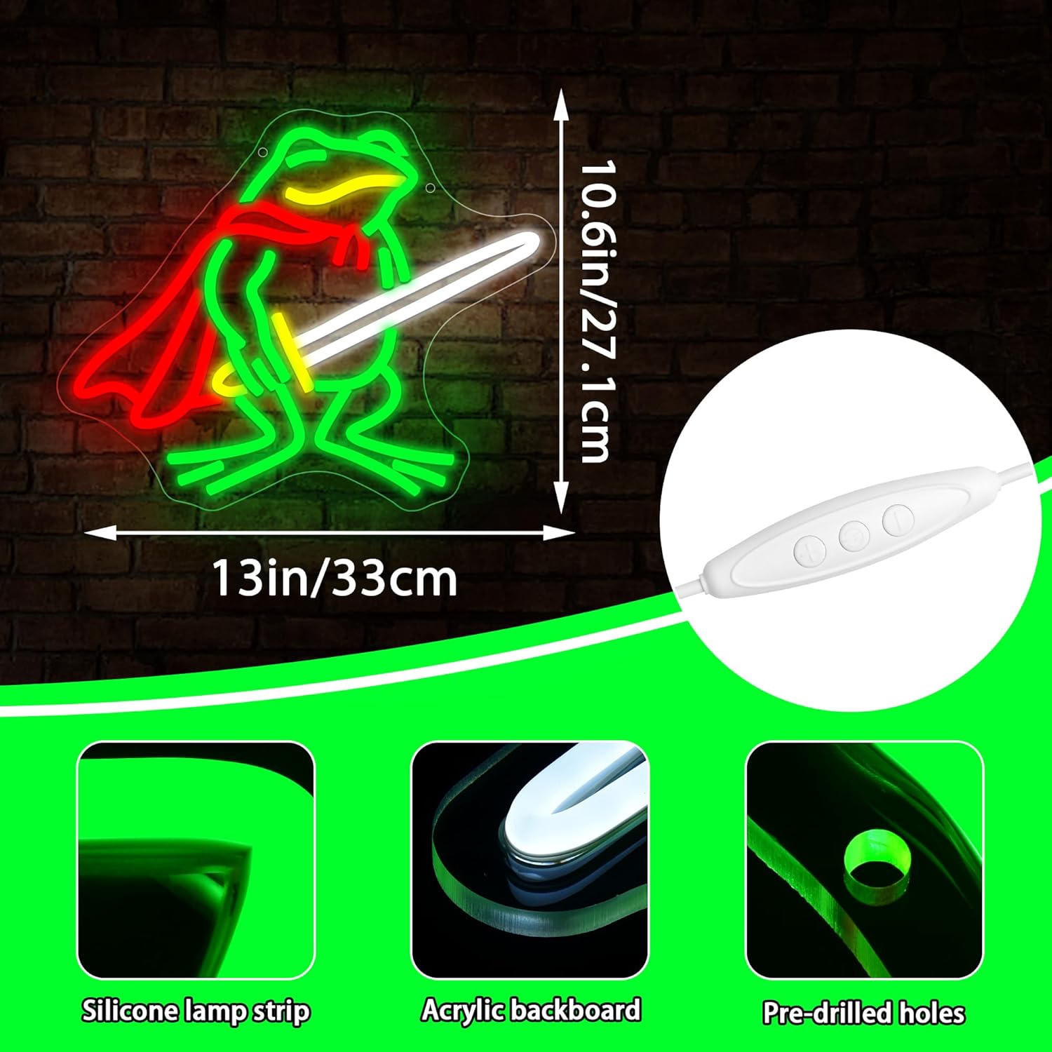 Frog Neon Sign for Wall Decor Dimmable Sword Frog Neon Light for Man Cave Birthday Gifts for Boys LED USB Powered Cute Animal Sign for Teen Bedroom Store Garage Gym Party Size12.9 * 10.6In(WZCP291) - Image 3