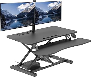 Rocelco 37.4" Electric Standing Desk Converter with Dual Monitor Mount Arm - AC USB Charger - Motorized Height Adjustable Sit Stand Up Computer Workstation Riser - Black (R EDRB-DM2), Large
